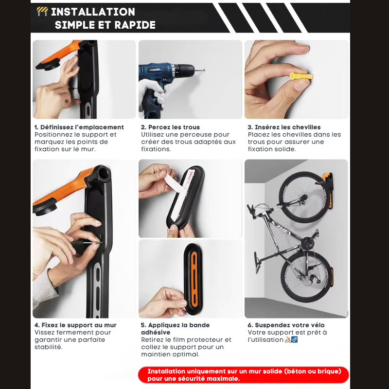 Accroche murale vélo crochet ajustable pneus larges VTT gravel